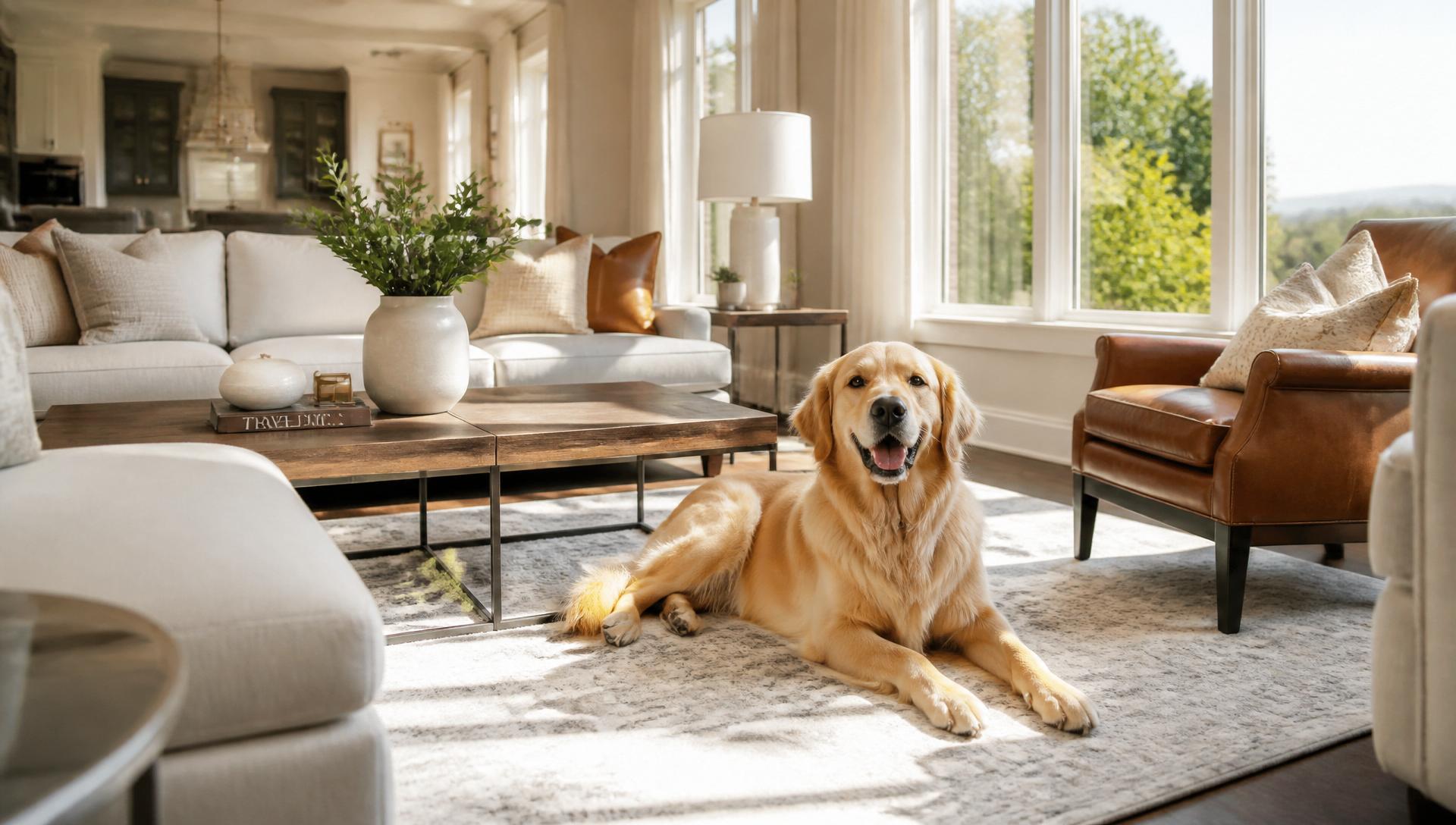Happy dog in a beautifully clean modern living room